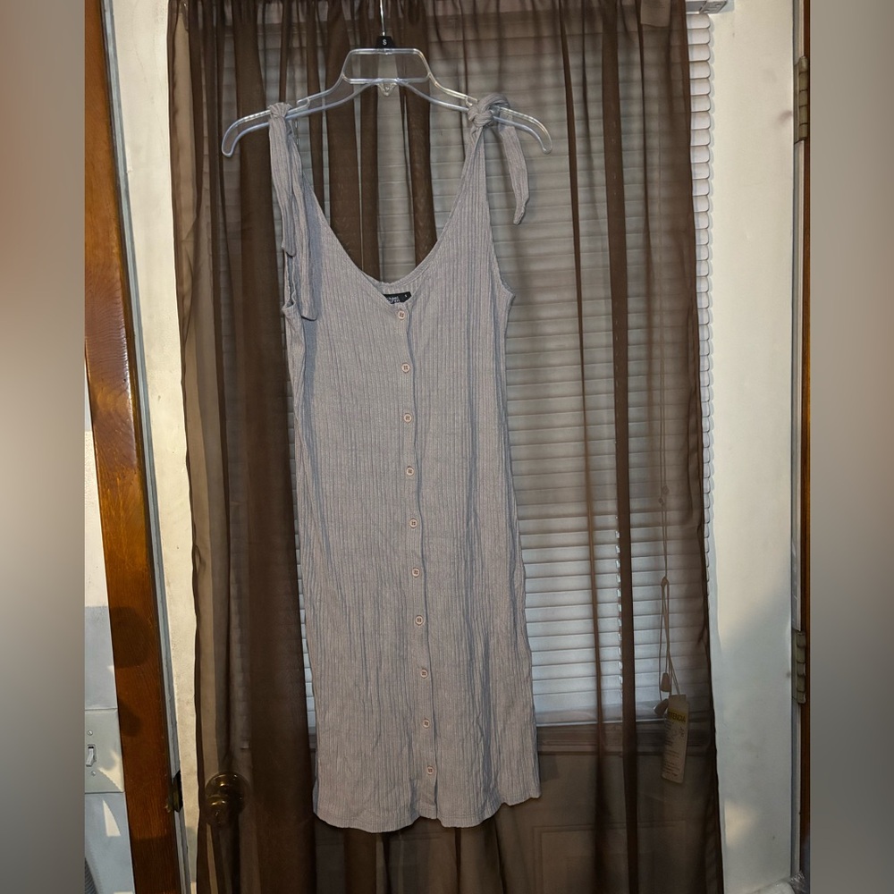 Michael Lauren Gray Button-Down Ribbed Knit Dress with Tie Straps